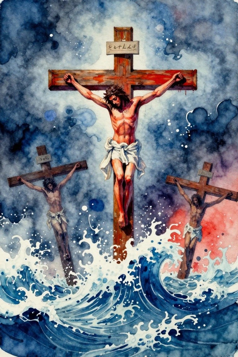 Watercolor-style painting of Jesus crucified centrally between two thieves on crosses emerging from turbulent blue ocean waves under a dark stormy sky.