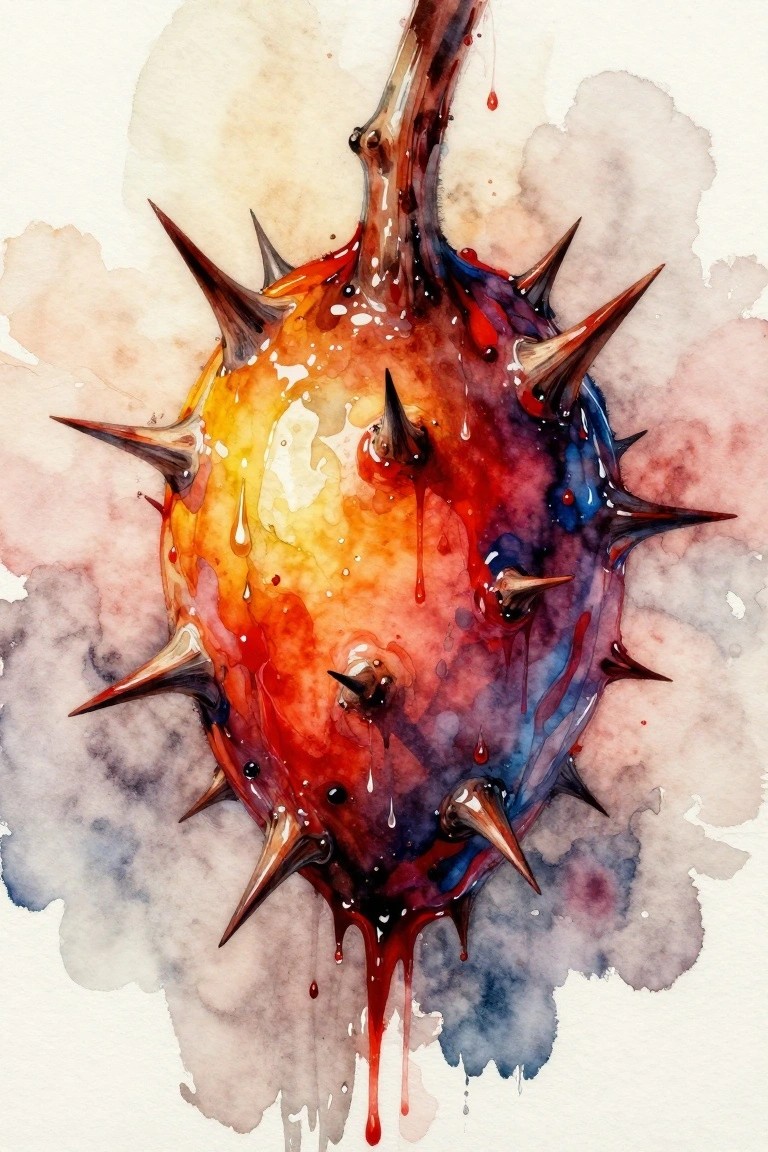 Watercolor painting of a round spiky fruit with yellow-orange core, red-purple skin, sharp spikes, glossy drips, and a stem on a white background with edge bleeds.