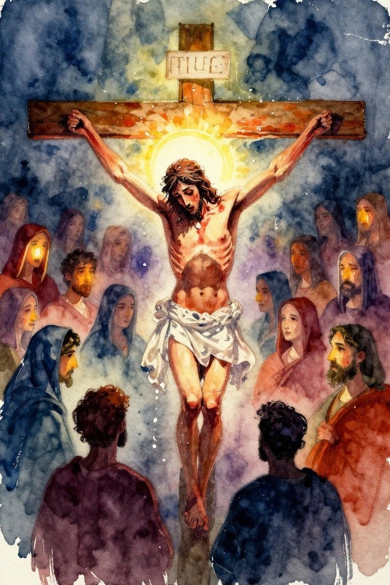 Watercolor-style painting of Jesus crucified on a glowing cross, surrounded by a crowd of robed mourners looking up from below.