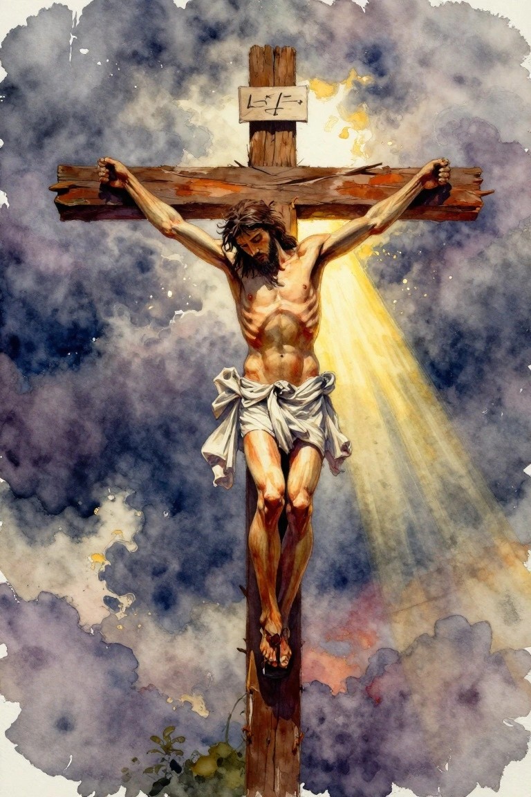 Watercolor painting of Jesus crucified on a cross amid dark clouds with golden light rays shining from behind.