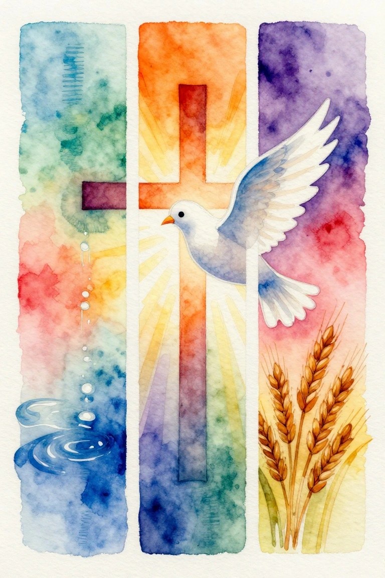 Watercolor triptych with central glowing cross and white dove above it, blue water motifs on left panel, and golden wheat on right panel.