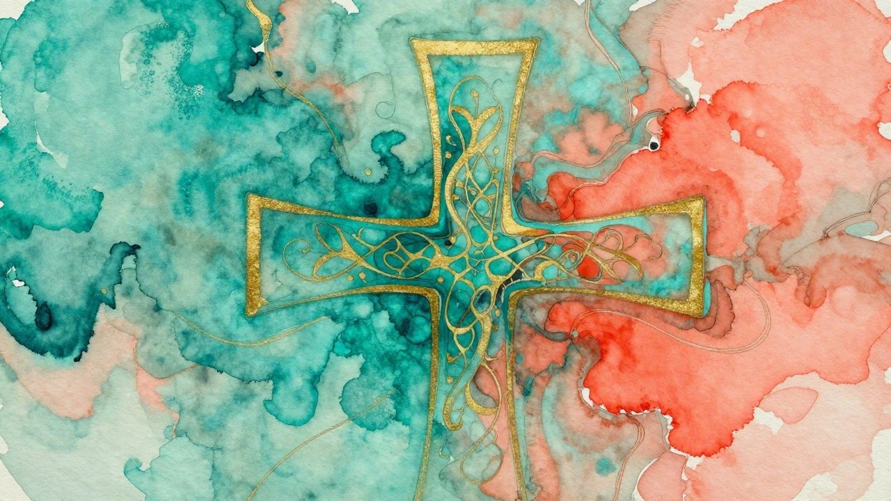 Abstract teal watercolor cross with gold line details and orange-red splashes on white background.