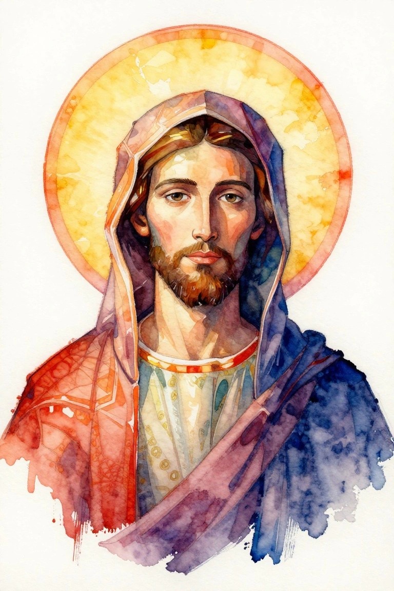 Watercolor portrait of Jesus with golden halo, bearded face, and multicolored hooded robes on white background.