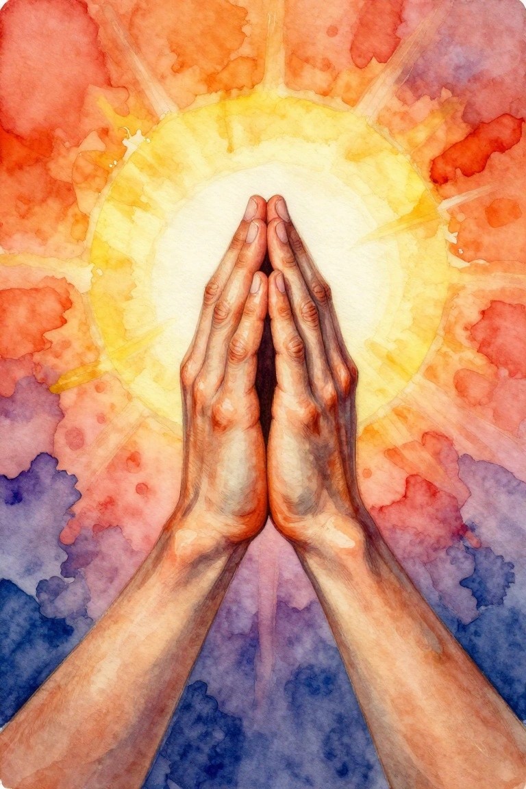 Watercolor artwork of praying hands centered in a glowing yellow orb amid orange, red, and purple radiating background blends.