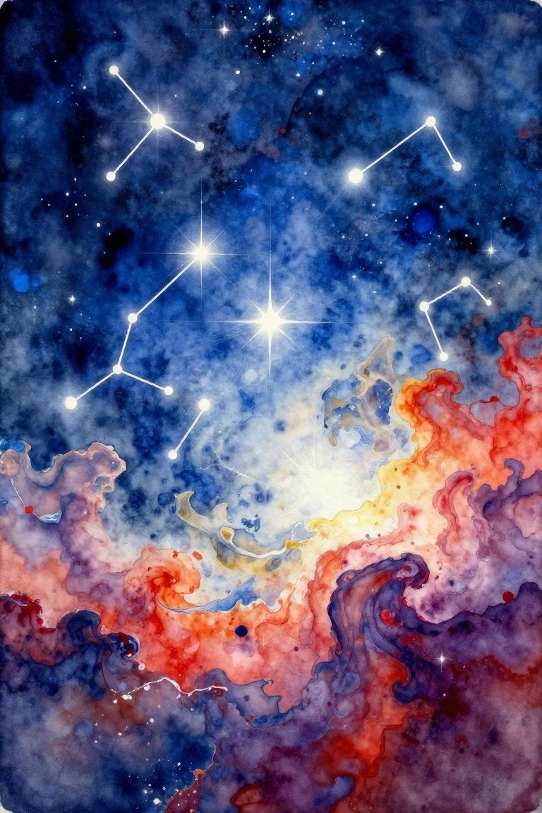 Watercolor artwork of white-outlined constellations like the Big Dipper on a swirling blue-to-orange nebula background with scattered stars.