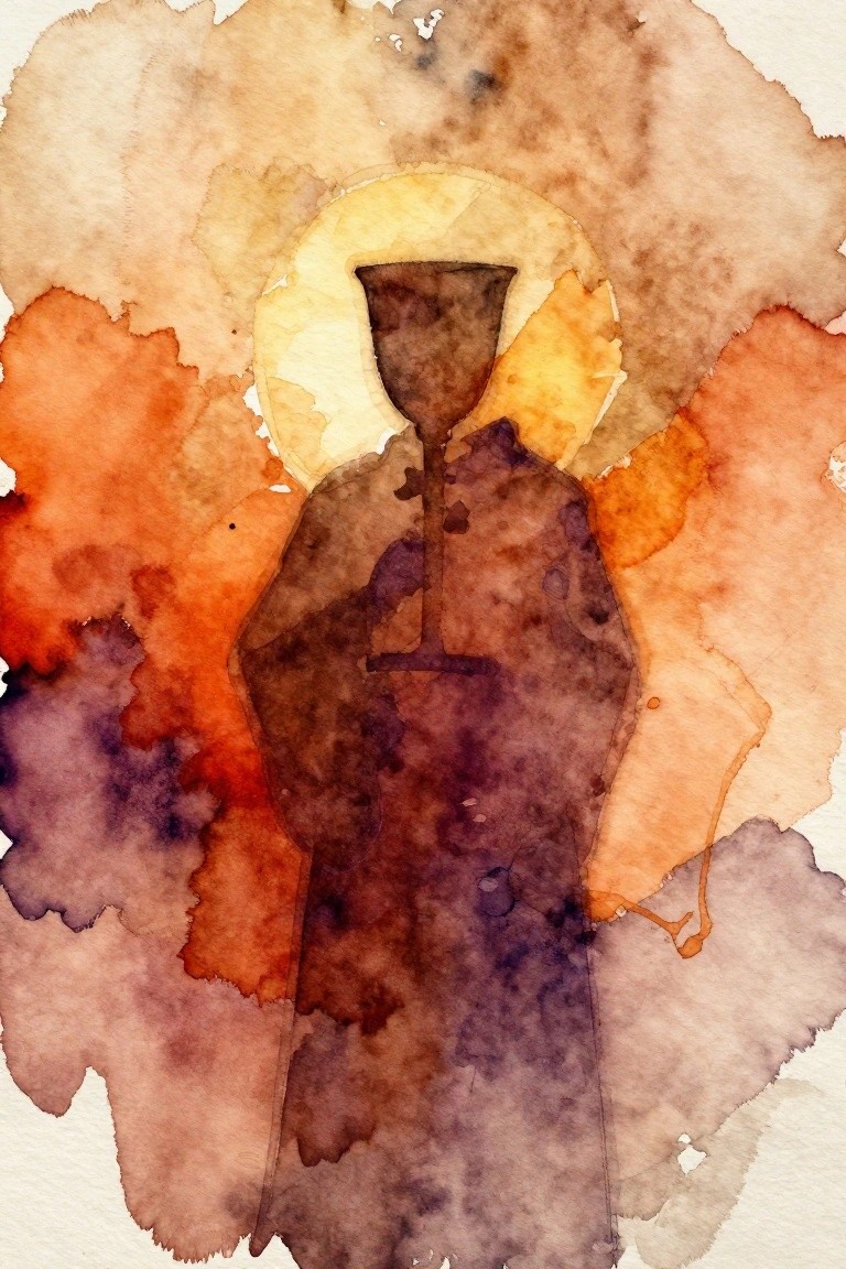 Watercolor-style silhouette of a robed figure holding a chalice centered under a yellow halo amid blended orange, purple, and brown washes.