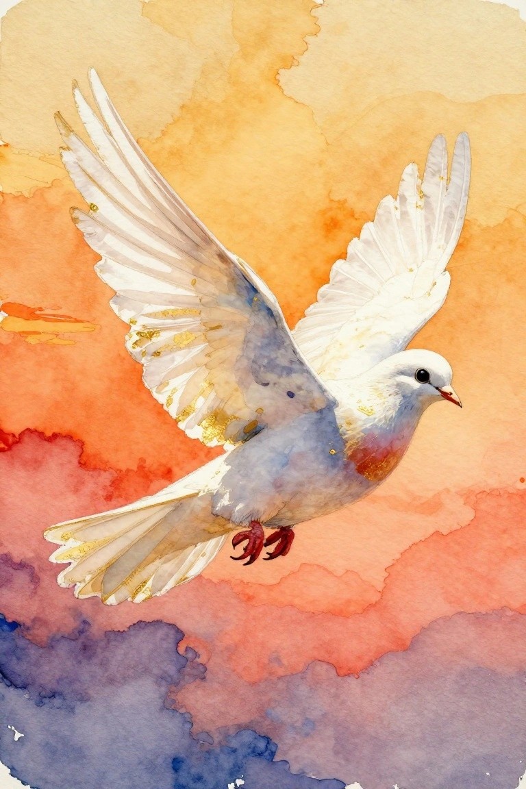 Watercolor painting of a white dove in flight against a blended sunset sky in yellow, orange, pink, purple, and blue.
