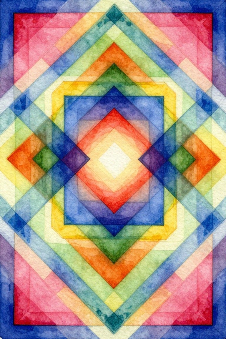 Watercolor abstract of overlapping symmetrical diamond shapes in rainbow colors centered on a glowing white core.