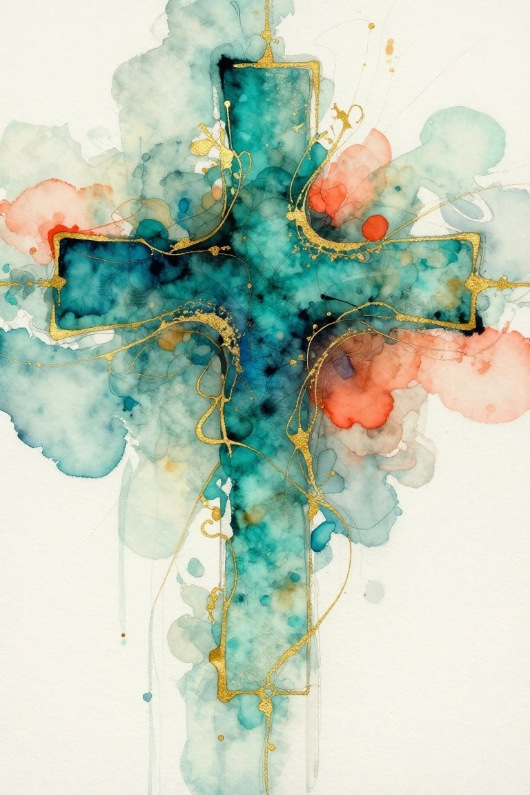 Abstract teal watercolor cross with gold line details and orange-red splashes on white background.