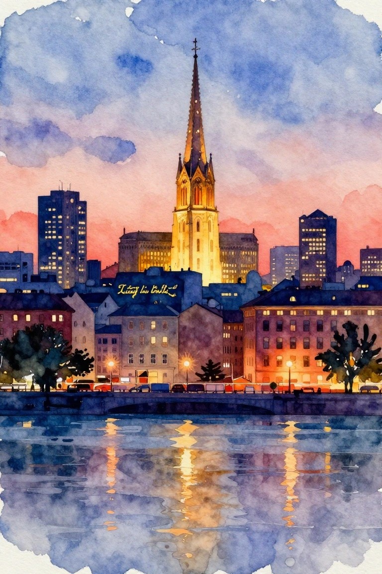 Watercolor painting of a tall golden Gothic church spire in a city skyline at dusk, reflected in a river with buildings, bridge, and trees.