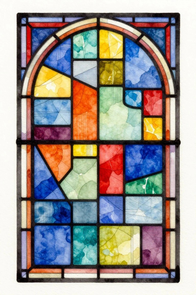 Watercolor painting of an arched stained glass window design with multicolored geometric panes and black lead lines.