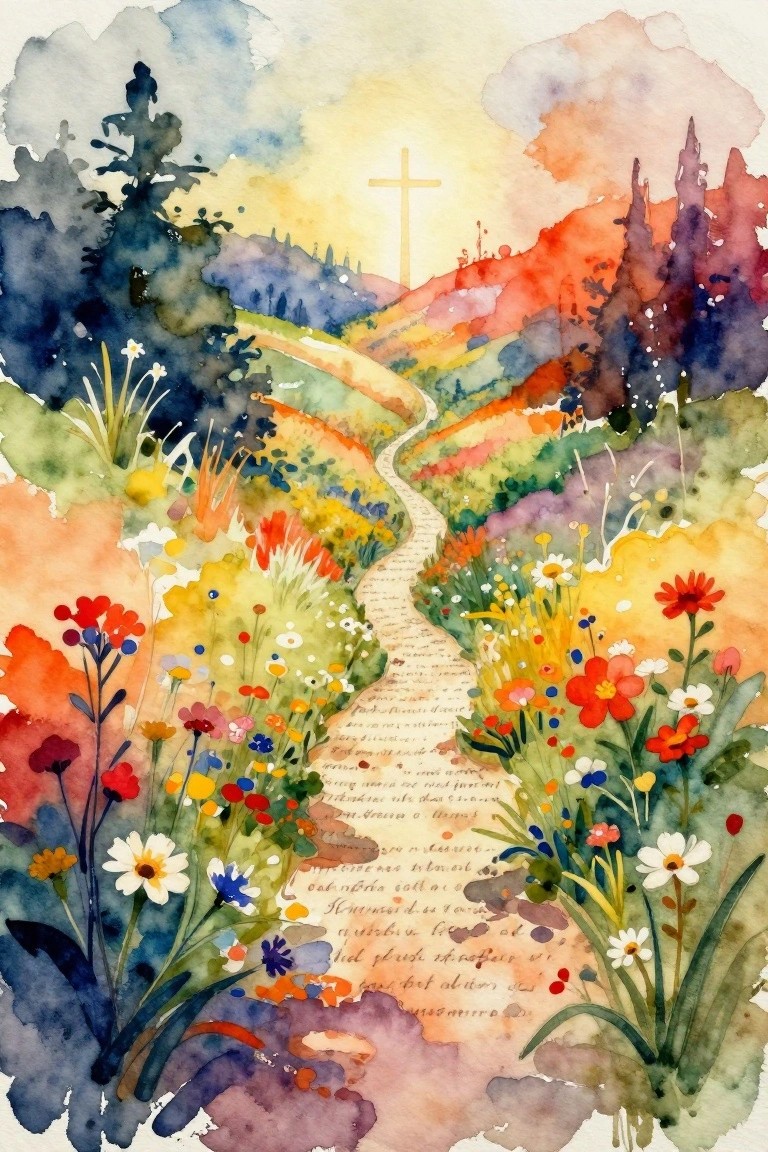 Watercolor painting of a colorful wildflower field with a winding path of handwritten text leading to a glowing cross on distant hills.