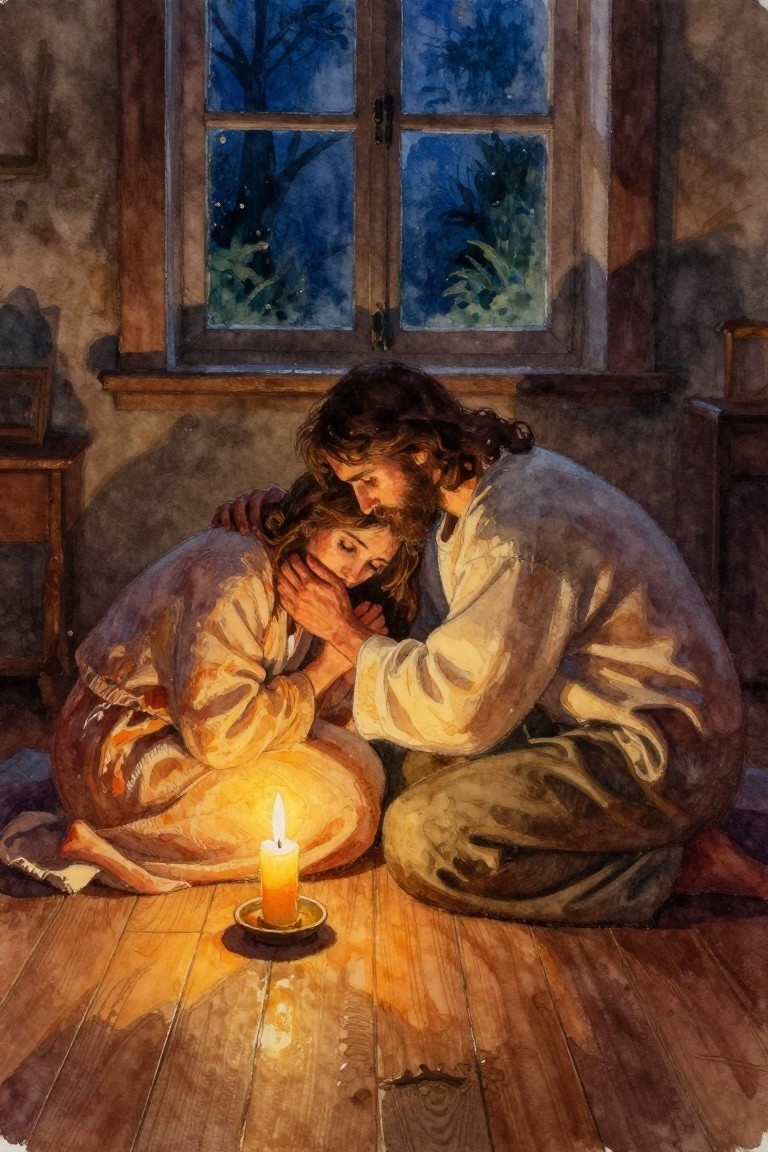 Watercolor-style painting of Jesus with long hair and beard embracing a crying woman in white robes by a candle on a wooden floor in a dimly lit room at night.
