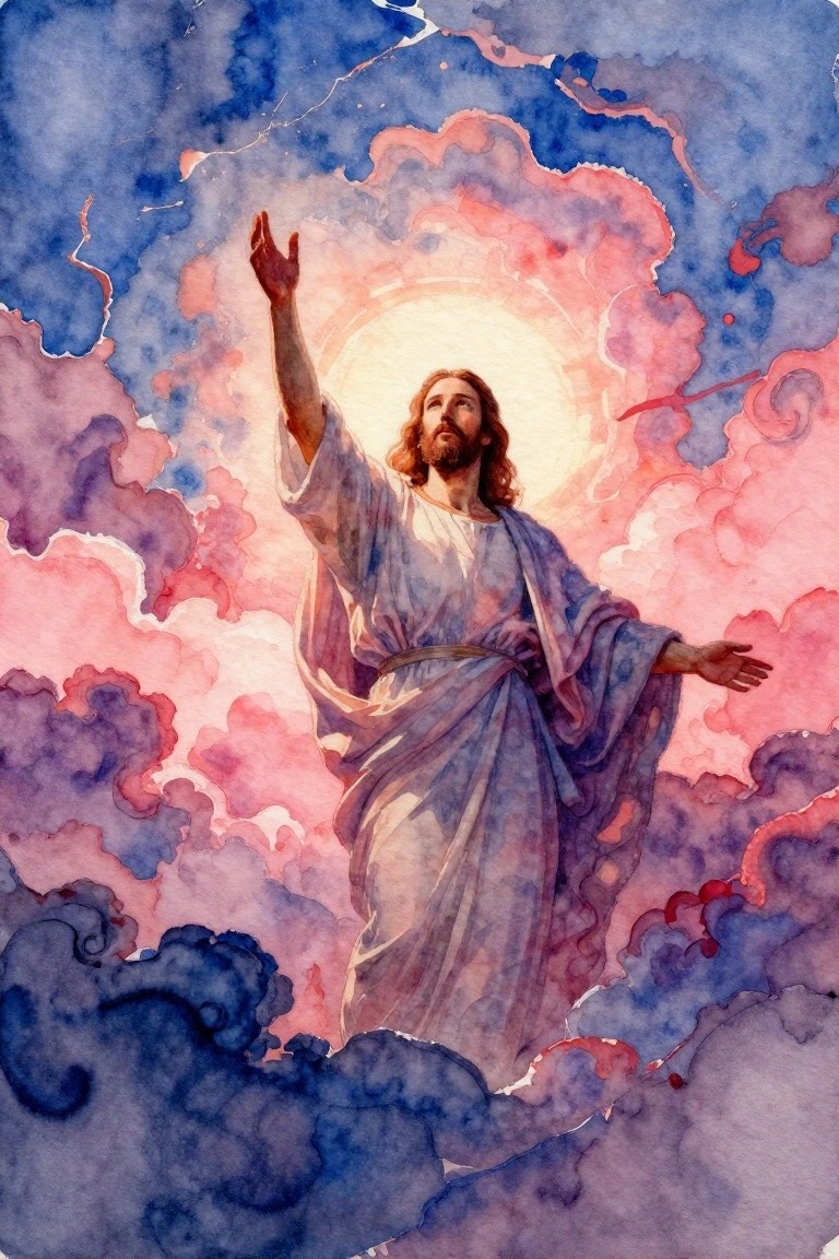 Watercolor-style painting of Jesus with long hair and robes raising both arms amid swirling blue, purple, and pink clouds with a golden halo.