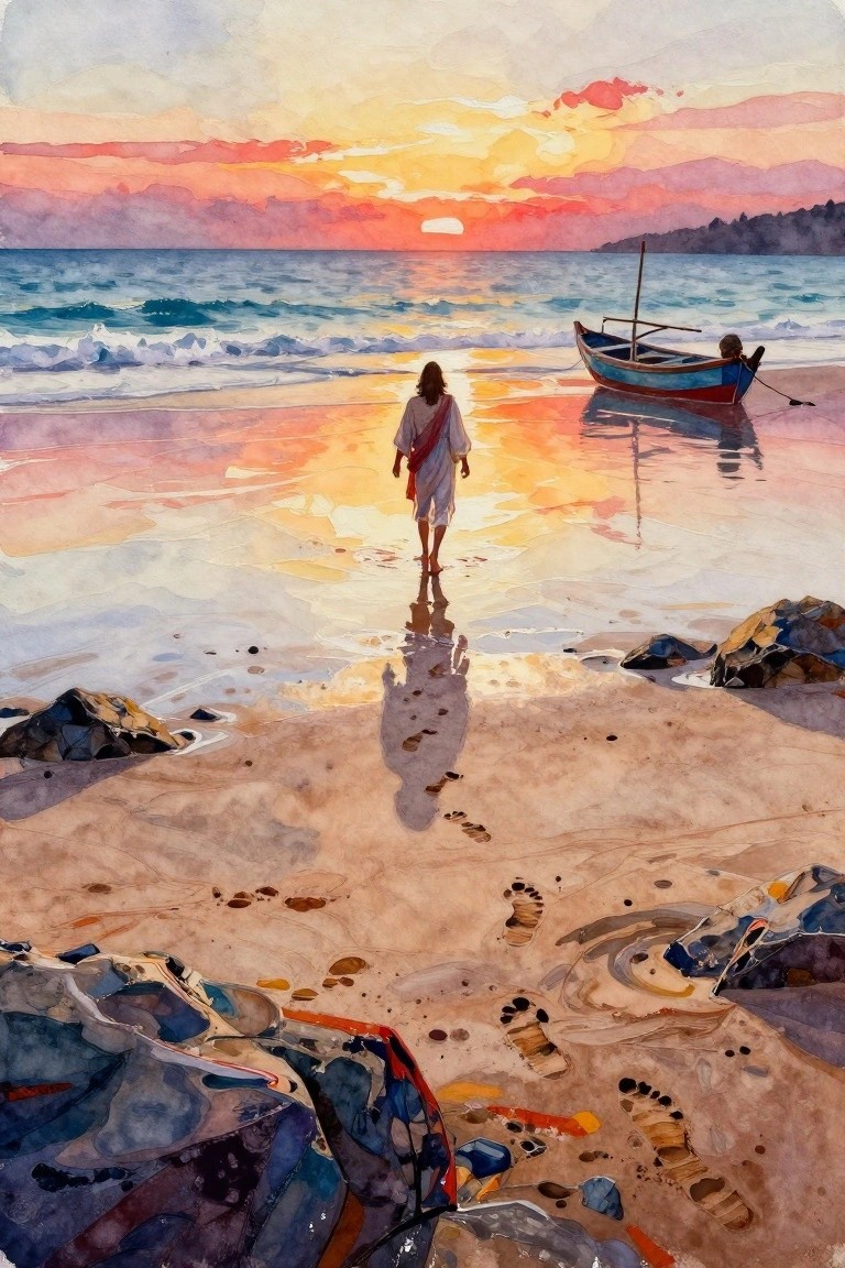 Watercolor painting of Jesus in a red robe walking on a sunset beach toward a blue boat, with footprints trailing in the sand.