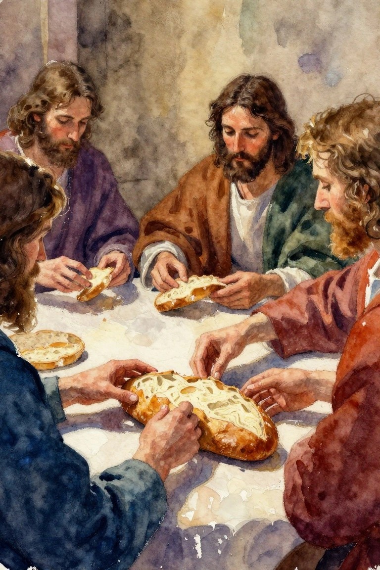 Watercolor painting of Jesus and three disciples with beards and robes gathered at a table, breaking and sharing loaves of bread.