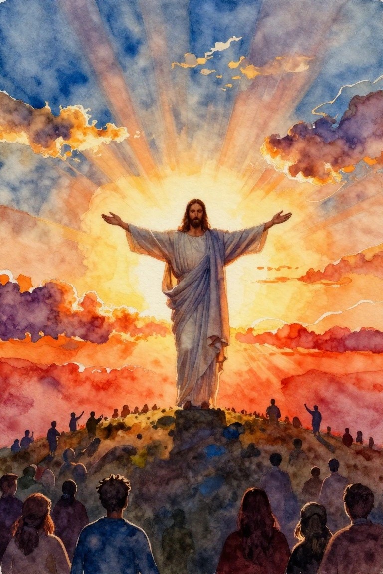 Watercolor-style painting of Jesus in white robes with arms outstretched on a hilltop, radiating golden light rays through clouds, surrounded by a crowd of people below at sunset.