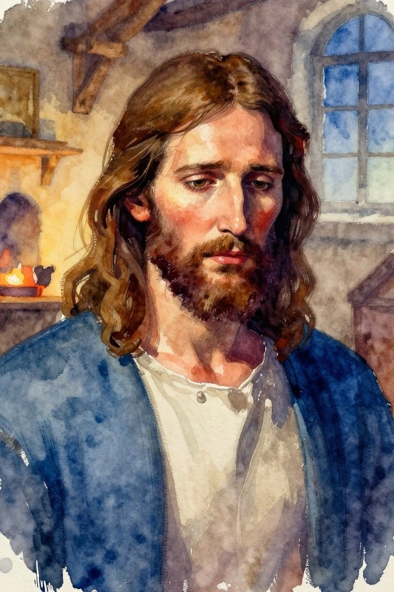Watercolor portrait of Jesus with long hair and beard, wearing a blue robe, looking thoughtfully in a rustic workshop with wooden beams, a window, and hearth light.