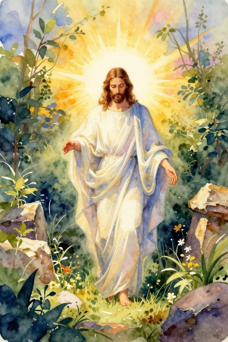 Watercolor painting of Jesus with long hair and beard in white robes walking barefoot in a green forest glade with golden sunlight rays beaming from behind him surrounded by foliage, flowers, and rocks.