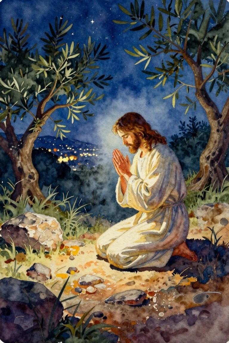 Watercolor-style painting of Jesus kneeling with hands clasped in prayer amid olive trees on a rocky ground at night under a starry sky with distant lit city below.