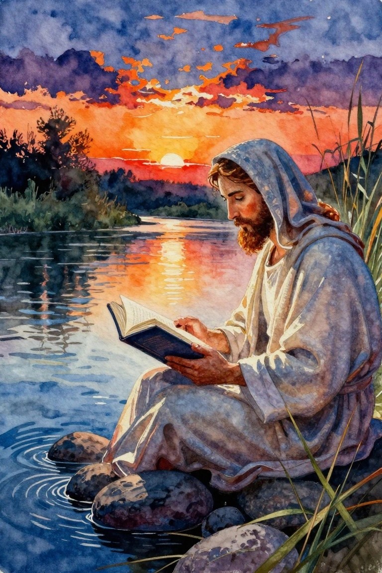 Watercolor of Jesus in white hooded robes sitting on riverside rocks reading an open book, surrounded by sunset sky, orange reflections on blue water, reeds, and distant trees.