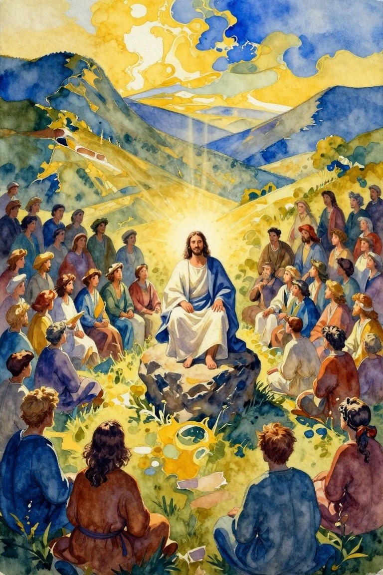 Watercolor painting of Jesus in white robes seated on a rock, preaching to a diverse crowd of disciples in a sunlit valley surrounded by mountains.