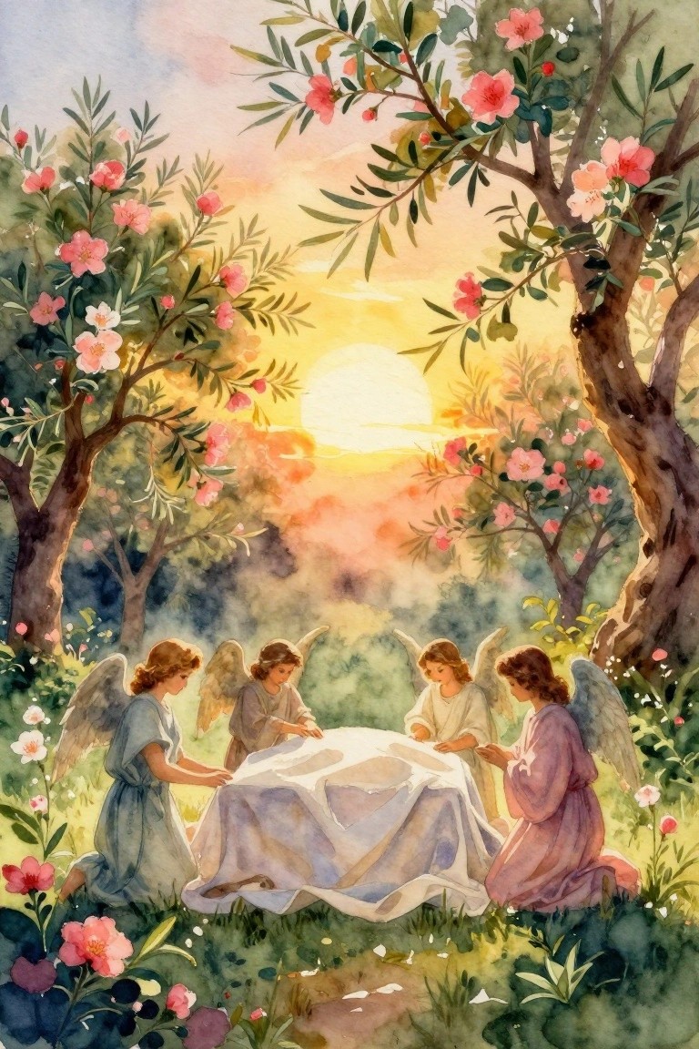 Watercolor of four winged angels kneeling around a cloth-covered table amid olive trees, pink flowers, and a setting sun.