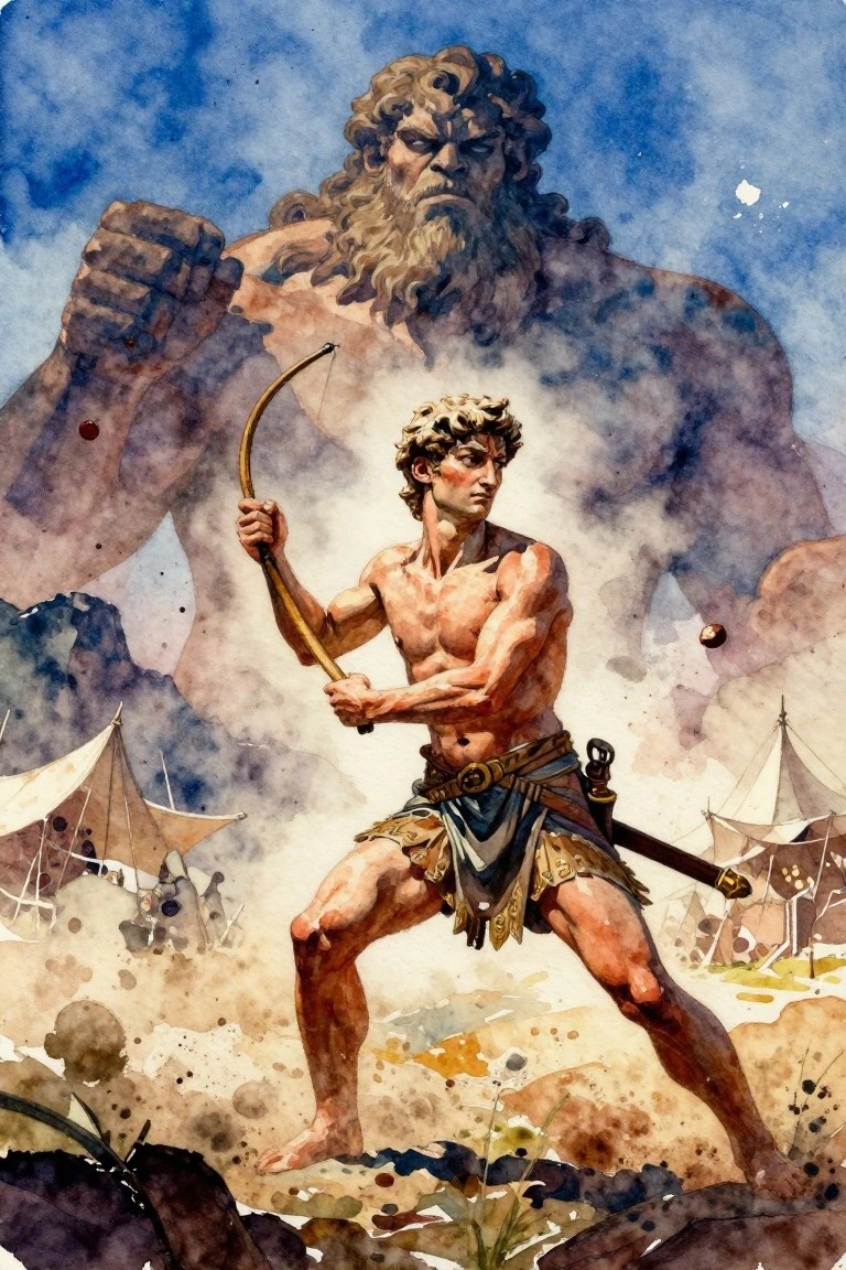 A bare-chested young warrior draws a bow toward a huge bearded giant in a misty desert camp with tents and rocks.