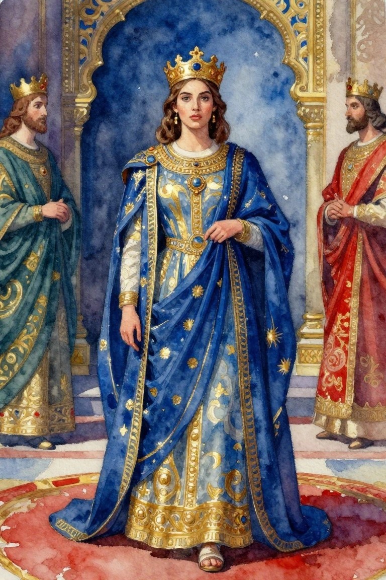 Watercolor-style painting of a central crowned woman in blue and gold gown flanked by two crowned men in green and red robes on a red carpet before a blue archway.