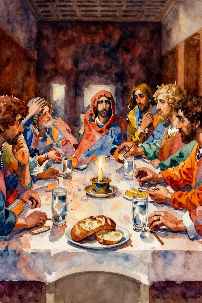 Watercolor of Jesus and apostles seated around a candlelit table with bread, oranges, and water glasses in a dimly lit room.