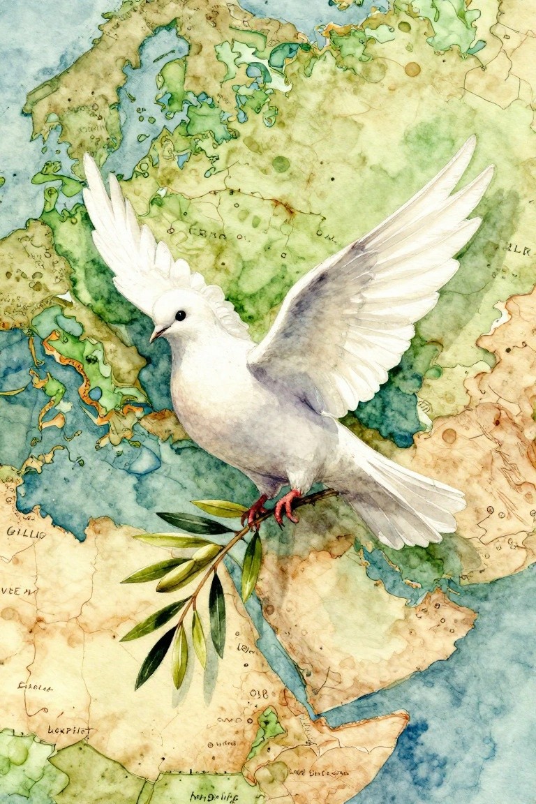 White dove with olive branch in beak flies over watercolor map of ancient Europe, Middle East, and Africa.