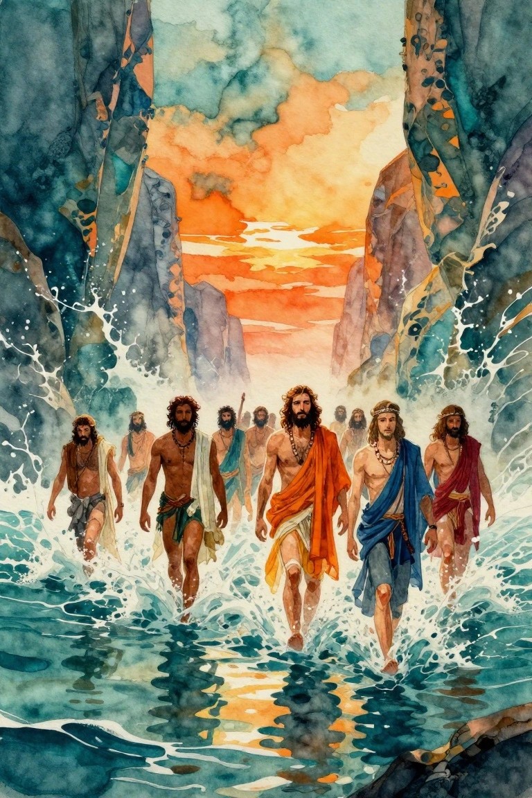 Watercolor-style painting of muscular bearded men in draped cloths walking single-file through splashing parted waters between steep green-gray cliffs under an orange sunset sky.