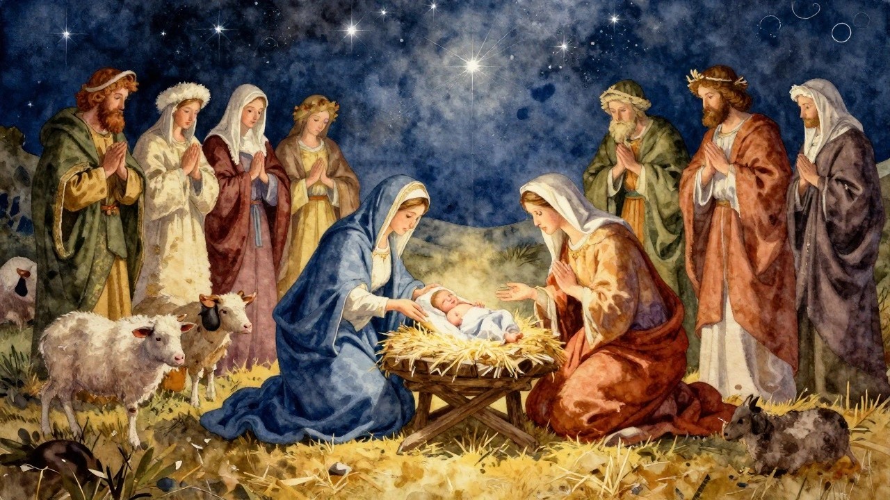 Watercolor painting of the Nativity with Mary holding baby Jesus in a manger, Joseph beside her, shepherds praying around, sheep and donkey nearby, under a starry blue night sky.
