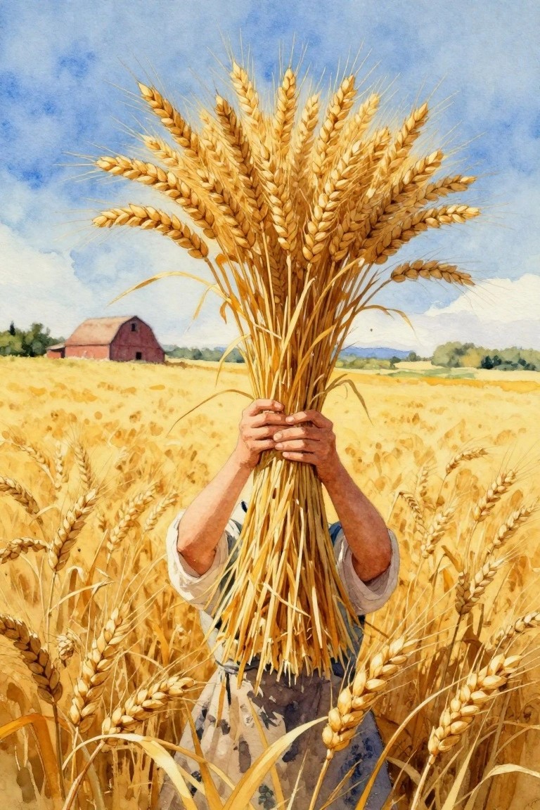 Watercolor of hands holding a large sheaf of golden wheat stalks in front of a wheat field, red barn, trees, and blue sky.