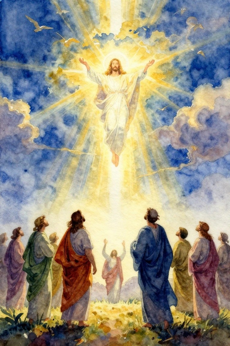 Watercolor of Jesus in white robes ascending amid golden beams and clouds with apostles in colorful robes gazing upward from a green field.