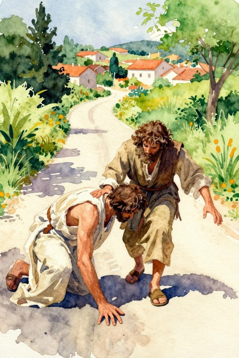 Watercolor of Jesus with hand on the shoulder of a kneeling bare-chested disciple on a flower-lined dirt road near a hillside village.
