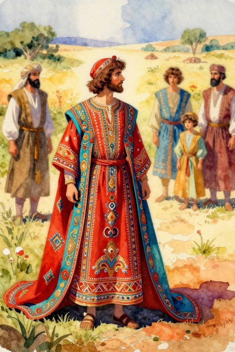 Watercolor painting of Joseph in a multicolored embroidered robe standing with his brothers in an arid biblical landscape.