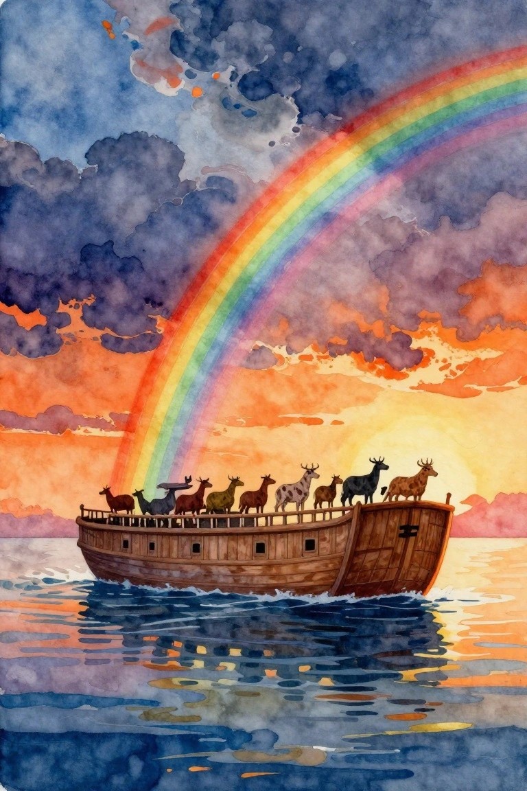Watercolor-style painting of Noah's Ark with various animals on deck, under a rainbow arching across stormy clouds and sunset sky, floating on calm reflective water.