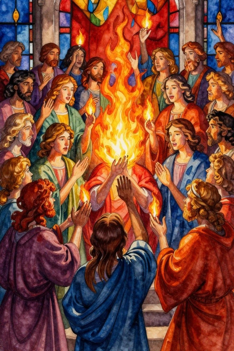 Watercolor-style painting of many robed figures with long hair gathered in a circle around central flames inside a stained glass cathedral interior.