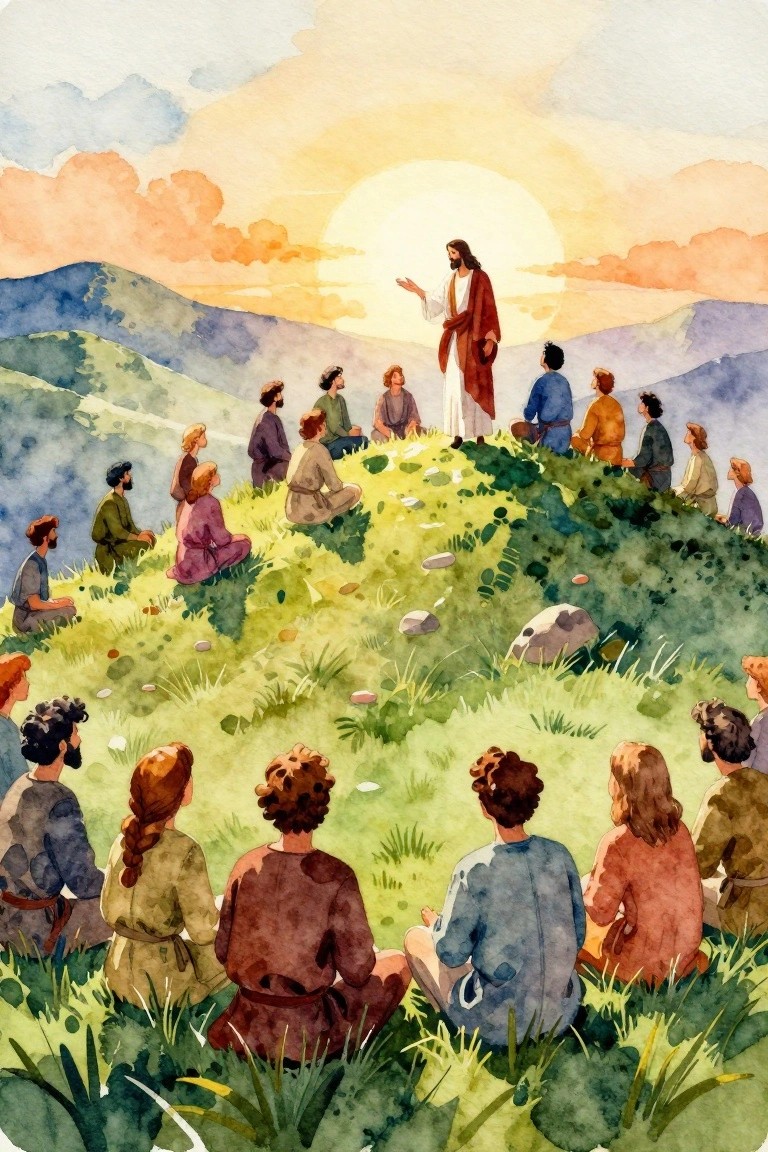 Watercolor of Jesus teaching disciples seated in a circle on a grassy hillside at sunset with mountains behind.