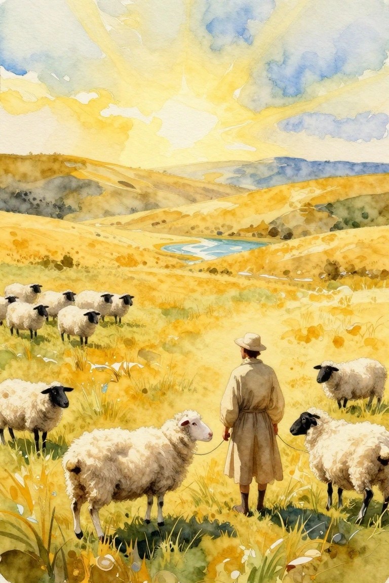Watercolor of a shepherd in tan clothes and hat standing with two leashed sheep in foreground, flock grazing in golden rolling fields at sunset with hills, river, and cloudy sky beyond.