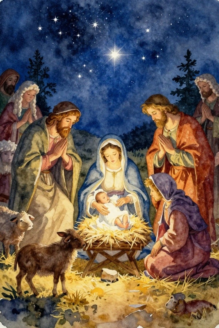 Watercolor painting of the Nativity with Mary holding baby Jesus in a manger, Joseph beside her, shepherds praying around, sheep and donkey nearby, under a starry blue night sky.