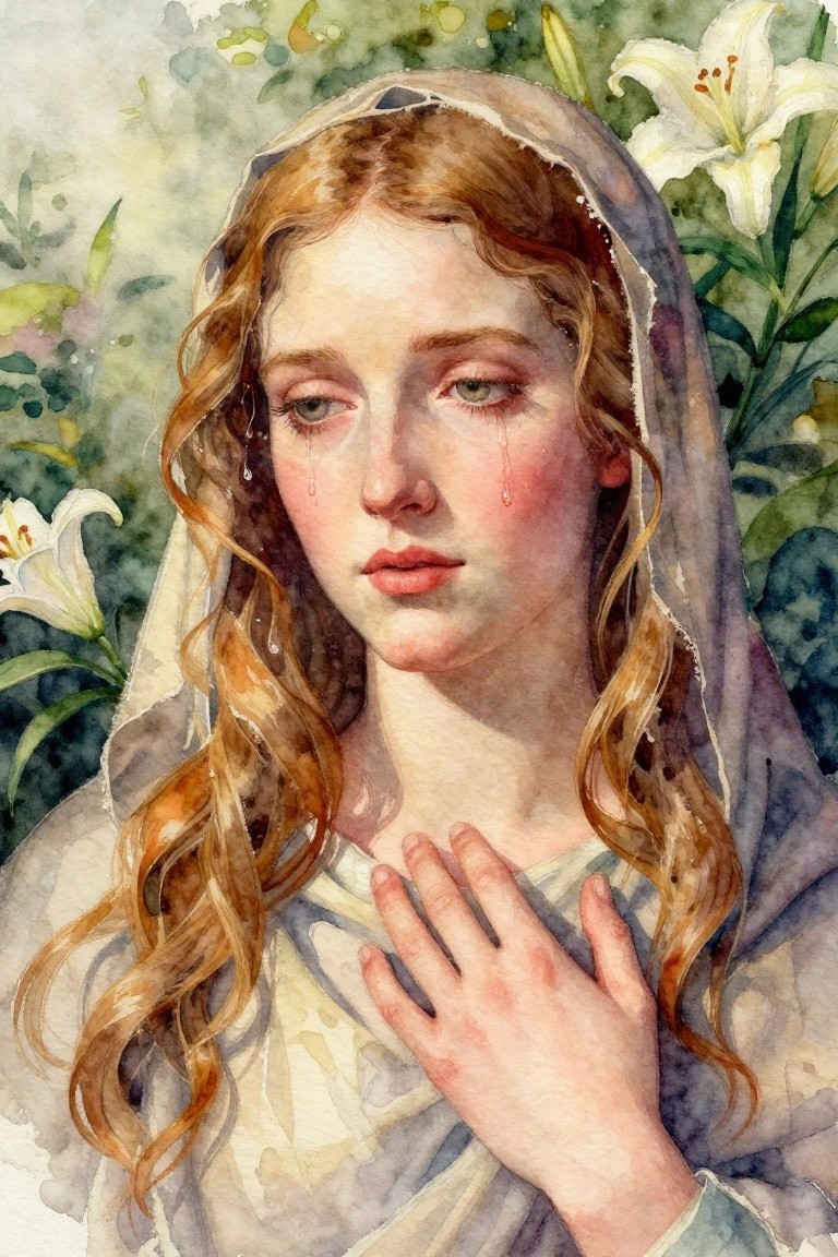 Watercolor portrait of a sorrowful red-haired woman in a beige veil with tears and hand over heart, surrounded by white lilies and green leaves.