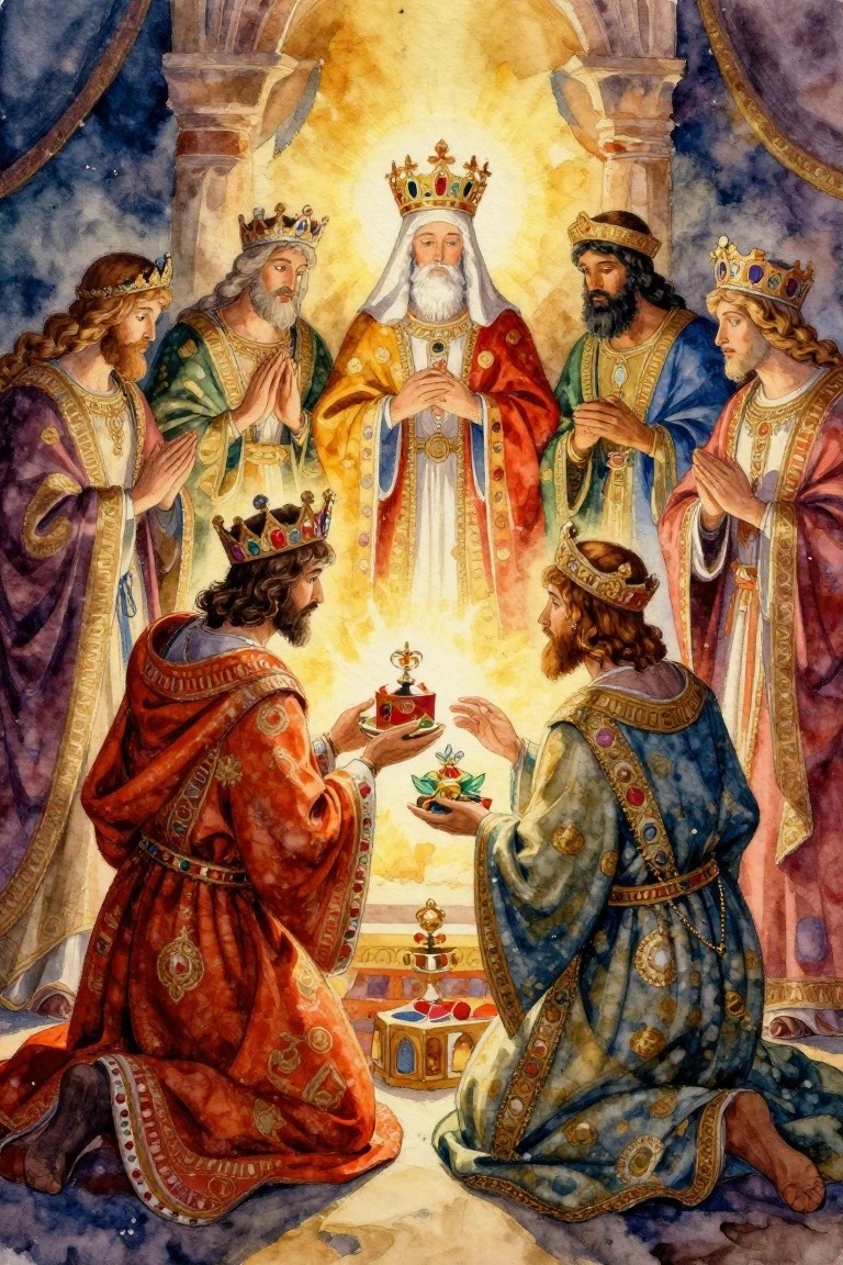 Detailed painting of crowned bearded men in ornate robes kneeling and standing around a central enthroned white-bearded king, offering small gift boxes with fruit in a golden-lit arched hall.