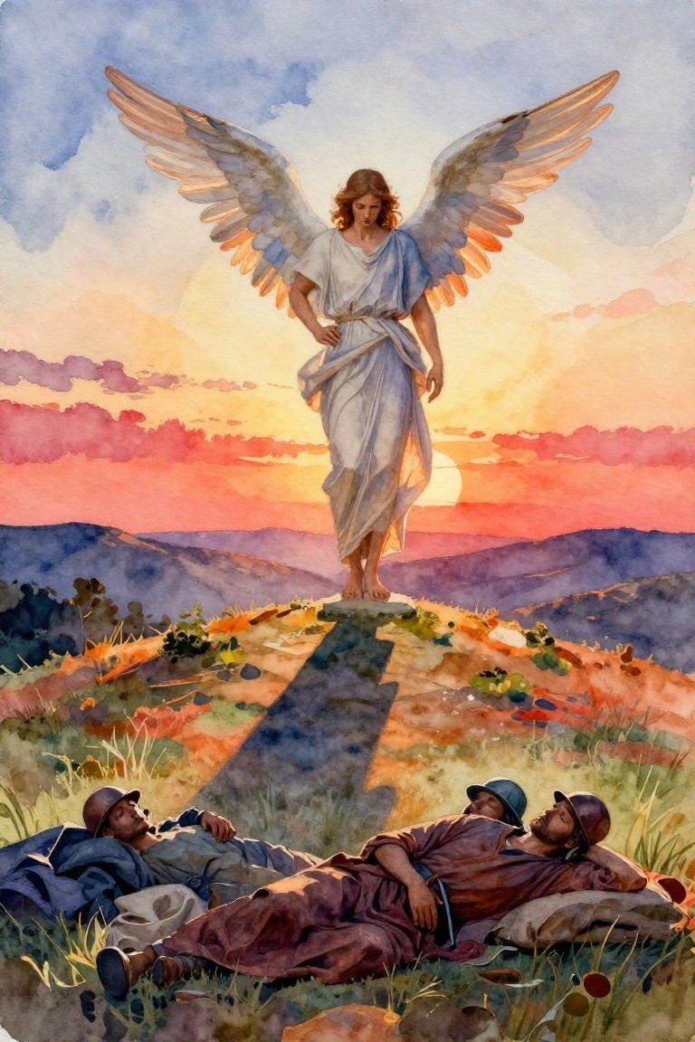 Watercolor painting of a female angel with wings standing on a grassy hill at sunset above three sleeping men in robes and helmets lying nearby.