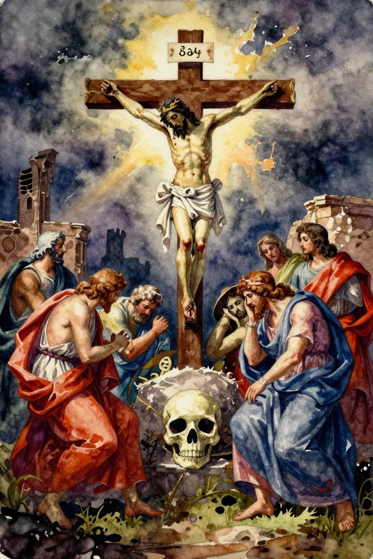 Watercolor painting of Jesus crucified on a cross with grieving figures below, a skull at the base, light rays from dark clouds, and background ruins.
