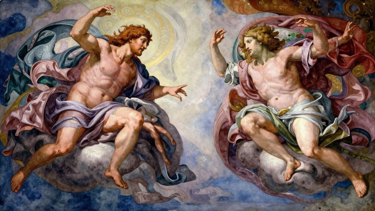 Renaissance fresco panel with God and angels extending hands toward Adam's in a cloudy heaven.