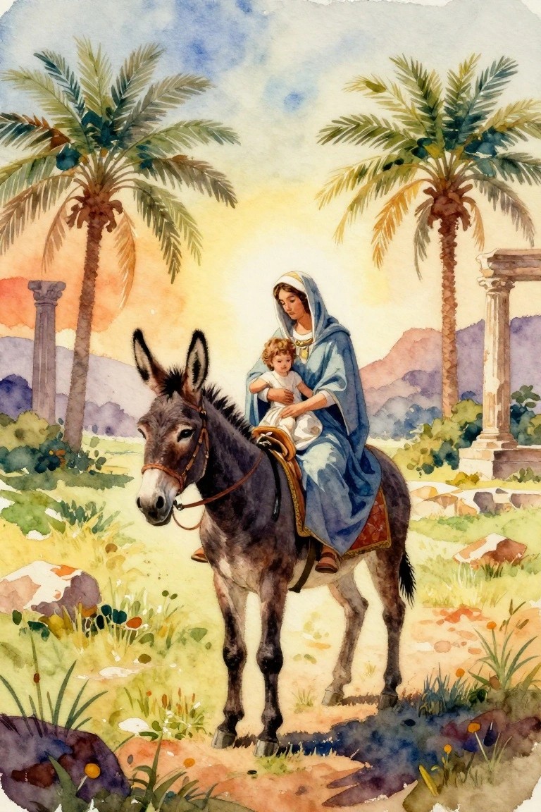 Watercolor of Mary holding baby Jesus while riding a donkey through a landscape with palm trees, ruins, and sunset sky.