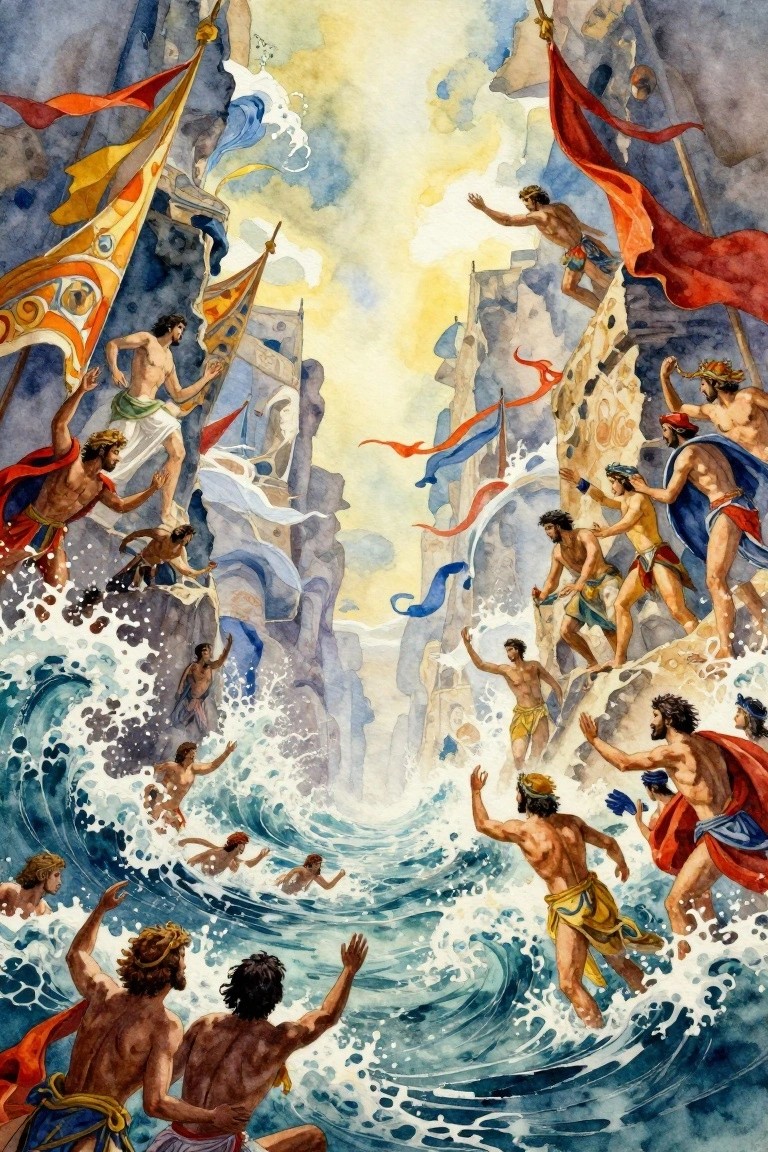 Watercolor painting of muscular ancient figures in red and blue garb climbing rocky cliffs on both sides of turbulent central waves under a golden sky.