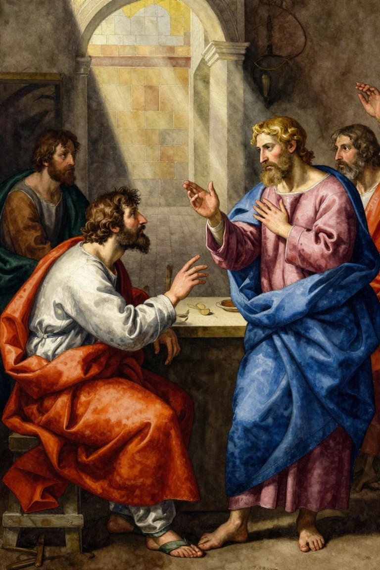 Painting of Jesus standing and gesturing over a table with a coin to seated Peter in red-trimmed white robes, flanked by two apostles in an arched sunlit room.